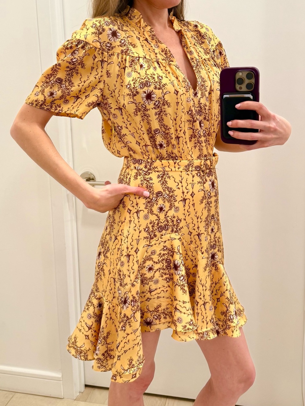 Sandro Paris Belted Yellow Floral Mini Dress Ruffle Hem Short Sleeve Size 0 or 2